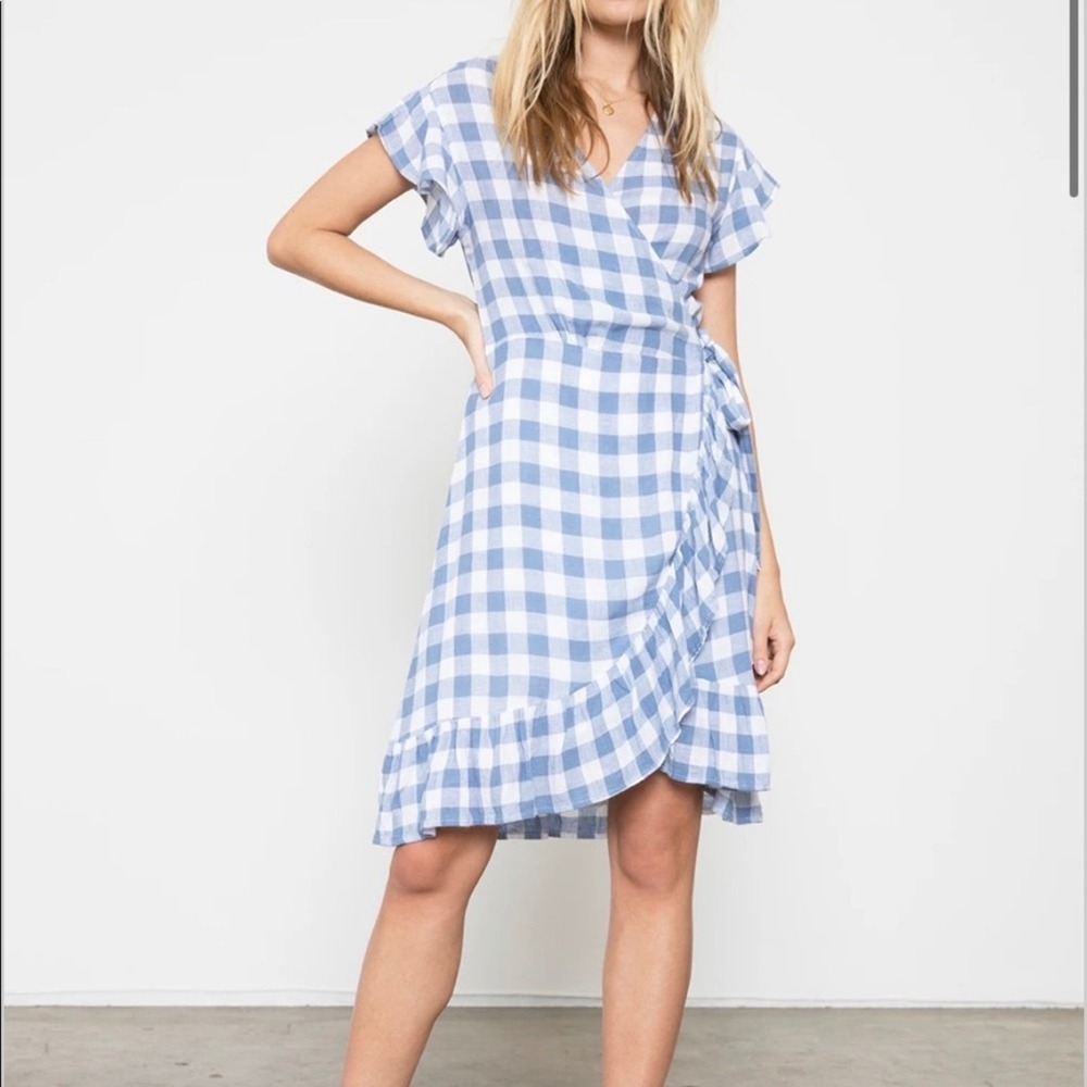 Rails Periwinkle Blue Brigitte Check Linen Blend Ruffle Wrap Dress Small NWT